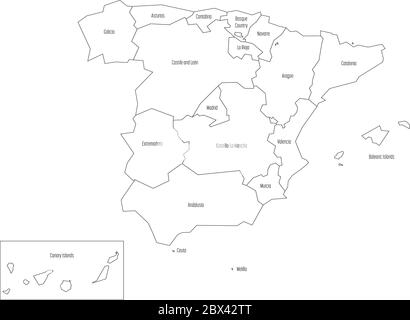 Carte de l'Espagne dévolue à 17 communautés autonomes administratives. Contour noir fin simple sur fond blanc. Illustration de Vecteur