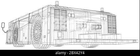 Vecteur d'illustration du chariot de remorquage d'avion. Ligne de cadre de fil isolée. Rendu vectoriel 3D. Illustration de Vecteur