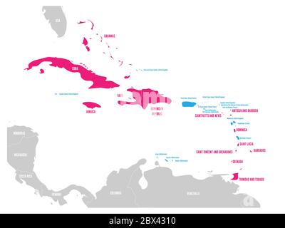 Carte politique des Caraïbes. Etats souverains et territoires dépendants bleus surlignés en rose. Illustration simple à vecteur plat. Illustration de Vecteur