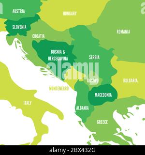 Carte politique des Balkans - Etats de la péninsule des Balkans. Illustration vectorielle verte à quatre nuances. Illustration de Vecteur