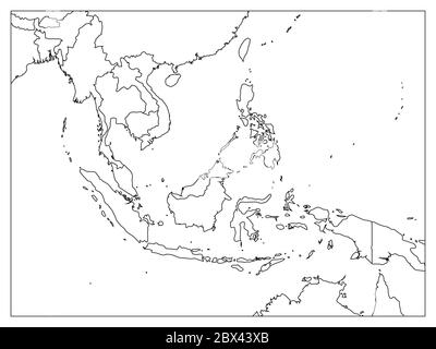 Carte politique de l'Asie du Sud-est. Contour noir sur fond blanc avec des étiquettes de nom de pays noires. Illustration simple à vecteur plat. Illustration de Vecteur