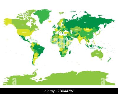 Carte du monde en quatre nuances de vert sur fond blanc. Carte politique détaillée avec noms de pays. Illustration vectorielle. Illustration de Vecteur