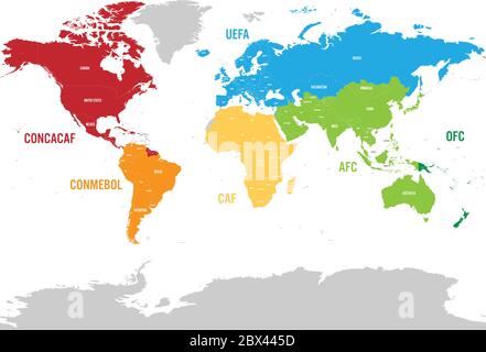 Carte du football mondial, ou soccer, confédérations - CONMEBOL, CONCACAF, CAF, UEFA AFC et OFC Illustration de Vecteur