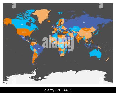 Carte politique du monde avec l'Antarctique. Pays de quatre couleurs différentes sans frontières sur fond gris foncé. Étiquettes blanches avec noms d'États et de territoires dépendants significatifs. Illustration vectorielle haute précision. Illustration de Vecteur
