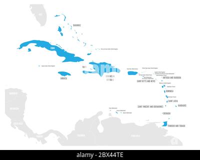 Carte politique des Caraïbes. États et territoires dépendants surlignés en bleu. Illustration simple à vecteur plat. Illustration de Vecteur