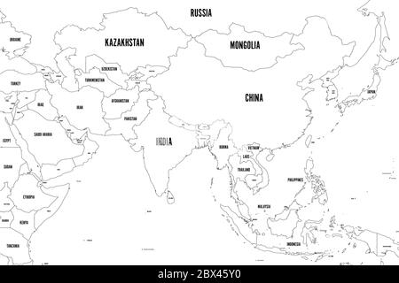 Carte politique de l'Asie occidentale, méridionale et orientale. Bordures noires fines. Illustration vectorielle. Illustration de Vecteur