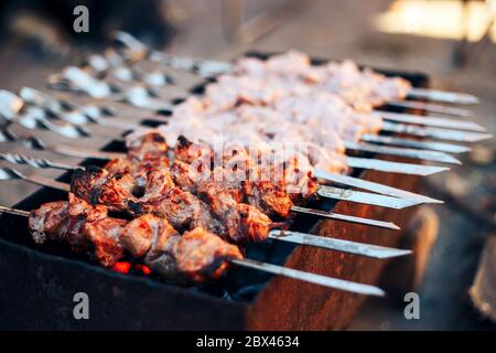 Brochettes de viande hache crue prêtes à cuire au gril Banque D'Images