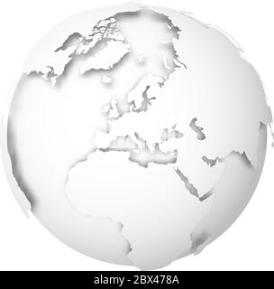 Globe terrestre. Carte du monde en 3D avec des terres blanches qui jettent des ombres sur les mers et les océans gris clair. Illustration vectorielle. Illustration de Vecteur