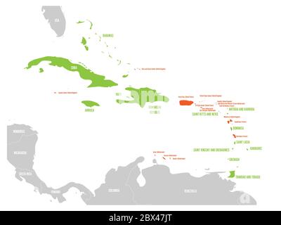 Carte politique des Caraïbes. États souverains et territoires dépendants orange surlignés en vert. Illustration simple à vecteur plat. Illustration de Vecteur