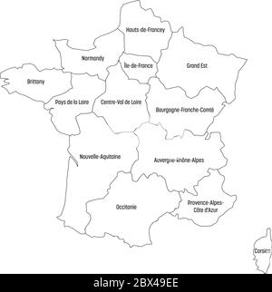 Carte de France divisée en 13 régions métropolitaines administratives depuis 2016. Quatre nuances de vert. Illustration vectorielle. Illustration de Vecteur