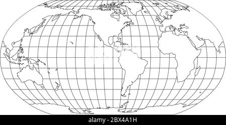Carte du monde en Robinson projection avec méridiens et grille de parallèles. Centré sur les Amériques. Terre blanche avec contour noir. Illustration vectorielle. Illustration de Vecteur
