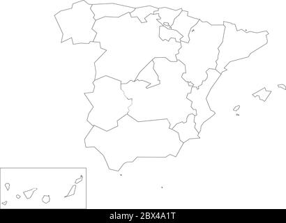 Carte de l'Espagne dévolue à 17 communautés autonomes administratives. Contour noir fin simple sur fond blanc. Illustration de Vecteur