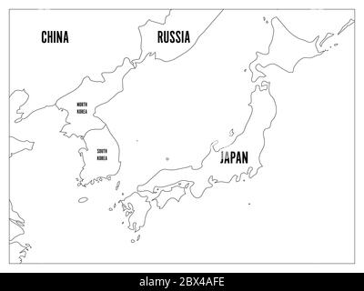Carte politique de la région coréenne et japonaise, de la Corée du Sud, de la Corée du Nord et du Japon. Carte avec contour noir et étiquetage noir sur fond blanc. Illustration vectorielle. Illustration de Vecteur