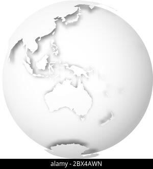 Globe terrestre. Carte du monde en 3D avec des terres blanches qui jettent des ombres sur les mers et les océans gris clair. Illustration vectorielle. Illustration de Vecteur