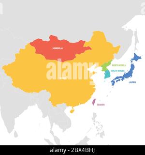 Région de l'Asie de l'est. Carte colorée des pays d'Asie orientale. Illustration vectorielle. Illustration de Vecteur