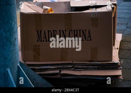Fabriqué en Chine, imprimé sur une boîte en carton jetée. Banque D'Images