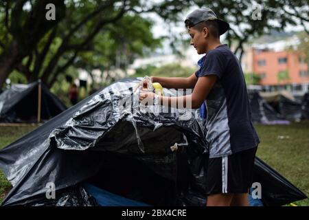 Les Vénézuéliens bloqués construisent un camp de fortune dans un parc couvert d'arbres au milieu de la pandémie de Covid-19, en attendant l'occasion de retourner dans leur pays, Cali, Banque D'Images