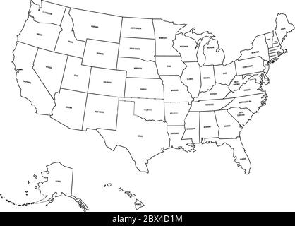 Carte politique des Etats-Unis d'Amérique, Etats-Unis. Carte vectorielle simple et plate avec des étiquettes de nom d'état noires sur fond blanc. Illustration de Vecteur