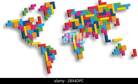 Mosaïque de la carte du monde de blocs tetris colorés en 3D. Illustration vectorielle. Illustration de Vecteur
