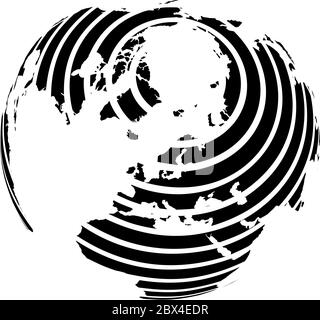 Globe terrestre à rayures, centré sur l'Europe et l'Antarctique avec pôle Nord. Illustration vectorielle noire. Illustration de Vecteur