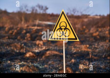 Instantané horizontal du panneau de danger biologique jaune installé dans un champ de brûlage avec des anthills brûlés sur un fond flou. Concept d'écologie et de terre brûlée. Banque D'Images