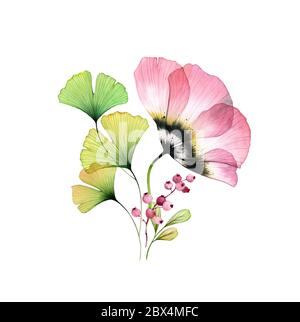 Bouquet de tulipes aquarelle. Grande fleur rose avec feuilles de ginkgo et baies isolées sur blanc. Œuvres d'art peintes à la main avec fleur de rayons X. Botanique Banque D'Images
