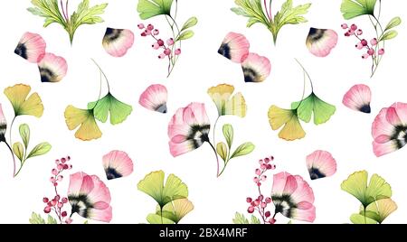 Motif fleuri aquarelle sans couture. Fleurs de tulipe abstraites, feuilles de gingko et pétales volantes sur blanc. Arrière-plan isolé dessiné à la main pour le papier peint Banque D'Images