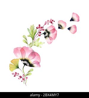 Bannière florale aquarelle. Grande fleur de tulipe rose avec feuilles de ginkgo et baies. Œuvres d'art peintes à la main avec fleur de rayons X. Illustration botanique pour Banque D'Images