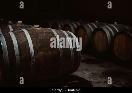 Vieux fûts de chêne d'époque, cognac dans les caves à vin sombres de la cave Banque D'Images