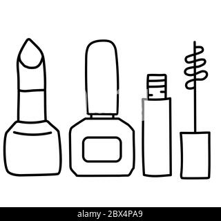 Ensemble beauté et mode. Dessins de contour de cosmétiques décoratifs. Mascara, rouge à lèvres et vernis à ongles. Signe et ligne. Contour noir vectoriel. Illustration de Vecteur