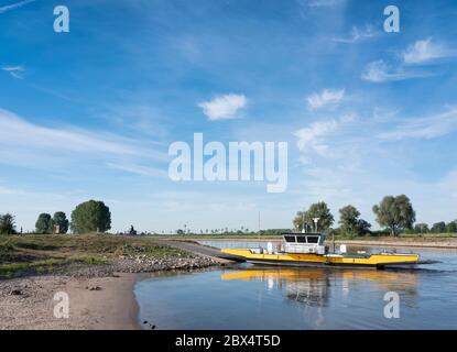 ferry jaune sur la rivière ijssel entre olburgen et dieren dans le pays d'argent Banque D'Images