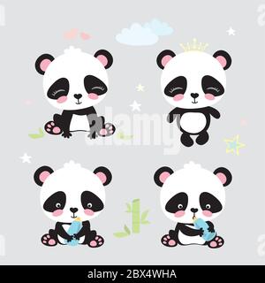 Quatre pandas mignons dans diverses poses, illustration amusante de vecteur de dessin animé Illustration de Vecteur