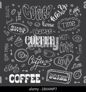 Grand ensemble de café, dessin à la main sur tableau noir, illustration vectorielle Illustration de Vecteur
