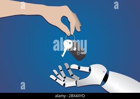 main humaine donne les clés de voiture aux mains du robot sur fond bleu foncé. Illustration de Vecteur