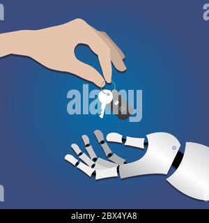 main humaine donne les clés de voiture aux mains du robot sur fond bleu foncé. Illustration de Vecteur