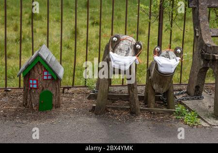 Sedbergh, Cumbria, Royaume-Uni. 4 juin 2020. Les chiens en bois portant leur propre EPI sur le côté de la route d'entrée de Sedbergh, Cumbria, rappelant aux visiteurs de rester vigilants face au coronavirus. Crédit : John Eveson/Alay Live News Banque D'Images