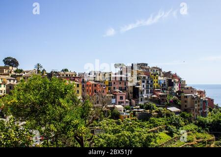 Corniglia, Italie - 8 juillet 2017 : vue sur les maisons de Corniglia par une journée ensoleillée Banque D'Images