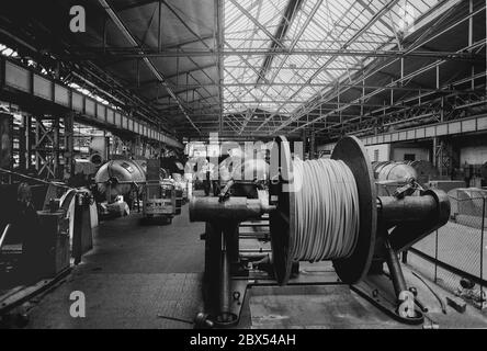 Berlin / Koepenick / GDR / Industrie 12 / 1989 KWO-Kabelwerke Obersfree. Les câblodistribution ont été privatisés et vendus à une société britannique. L'usine a été fermée en 2002. // travail / confiance / privatisation en 1888, AEG a construit un grand complexe industriel à Wedding sur Ackerstrasse, qui est rapidement devenu trop petit. Ils ont pris le contrôle d'un site encore plus grand sur Voltastrasse. Les immenses usines ont produit presque tout ce qu'AEG les a vendus : petits moteurs et turbines géantes, lampes à incandescence et grandes machines. Lorsque le site est devenu trop petit, AEG a construit des usines plus grandes à Oberschoeneweide. En 1978, le Banque D'Images