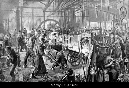 Le tableau 'Iron Rolling Mill' du peintre Adolph Menzel de 1875 montre une usine de voies ferrées à Koenigshuette en haute Silésie (aujourd'hui Chorzow). C'était la première peinture grand format représentant une opération technique à grande échelle. À droite, certains travailleurs mangent à la hâte le repas qu'ils ont apporté avec eux. Banque D'Images