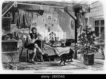 Dessin de F. Tegelmeyer d'après un original de Gustav Sundblad, publié dans le Gartenlaube en 1883 pour accompagner un texte sur "Hunters" Noël dans les Hautes montagnes". Il montre deux chasseurs passant Noël dans une cabane avec leurs chiens de chasse. Le chasseur allongé sur le lit lit lit lit "Die Gartenlaube" de 1877. Banque D'Images