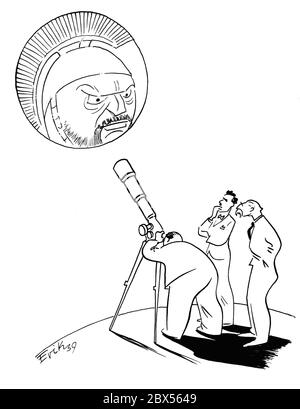 Une caricature d'Erik montre trois personnes, dont Winston Churchill et Anthony Eden, qui regardent la planète Mars à travers un télescope : « c'est dommage que nous ne puissions pas la rapprocher encore plus ! » Banque D'Images
