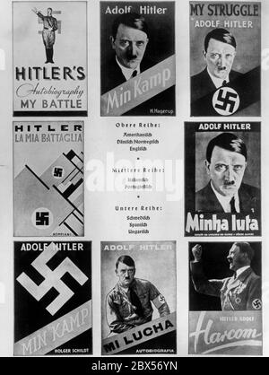 La page de couverture du livre 'Mein Kampf' en sept langues différentes. American 'my Battle', Danois et Norvégien 'min Kamp', anglais 'my Fight', italien 'la Mia Battaglia', portugais 'minha luta', suédois 'min Kamp', espagnol 'mi Lucha', hongrois 'Harcom'. Banque D'Images