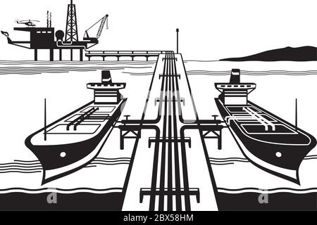 Camions-citernes chargeant de l'essence depuis un engin pétrolier offshore - illustration vectorielle Illustration de Vecteur