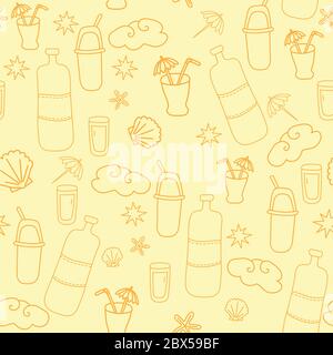 Motif sans couture. Fond jaune clair avec coquillages, cocktails et une bouteille, boissons et nuages. Emballage, conception et impression. Ligne vectorielle sans couture Illustration de Vecteur