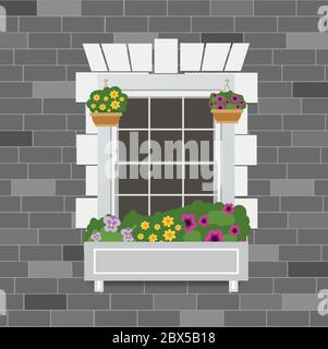 Ancienne façade de mur de brique, fenêtre et fleurs dans des pots, dessin animé illustration vectorielle Illustration de Vecteur