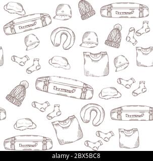 Motif sans couture. Ligne et trait sur un fond blanc choses et tourisme. Tout pour voyager - une valise, des vêtements, des chaussettes et un chapeau. Emballage Illustration de Vecteur