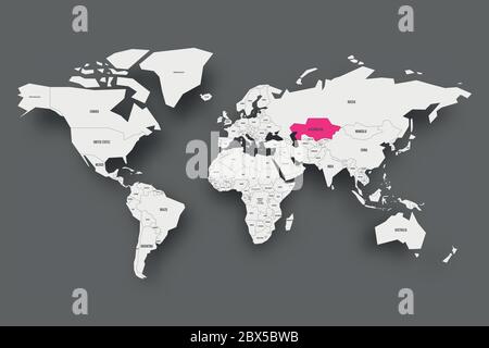 Rose Kazakhstan mis en évidence dans la carte du monde. Carte simplifiée en gris clair avec ombre portée sur fond gris foncé. Illustration vectorielle. Illustration de Vecteur