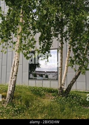 Réflexions dans les fenêtres du musée Riverside, conçu par l'architecte Zaha Hadid, situé sur les rives de la rivière Clyde, Glasgow, Écosse. Banque D'Images