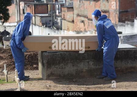 RIO DE JANEIRO,BRÉSIL,JUIN,04,2020: Funérailles d'une victime Covid-19, coronavirus. Greffeurs portant des vêtements spéciaux pour éviter la contamination à l'inha Banque D'Images