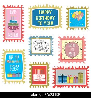 ensemble de marques d'anniversaire joyeux, cartes dessinées à la main isolées sur fond blanc, illustration vectorielle Illustration de Vecteur
